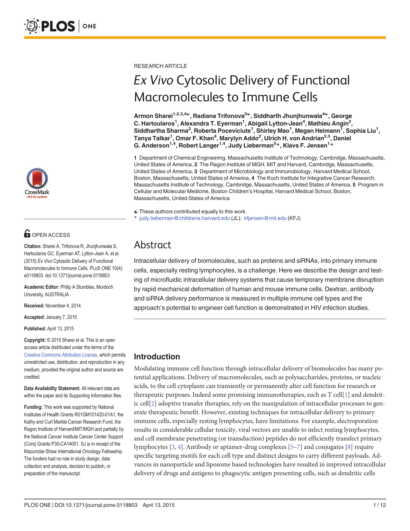 First page of Ex vivo cytosolic delivery of functional macromolecules to immune cells