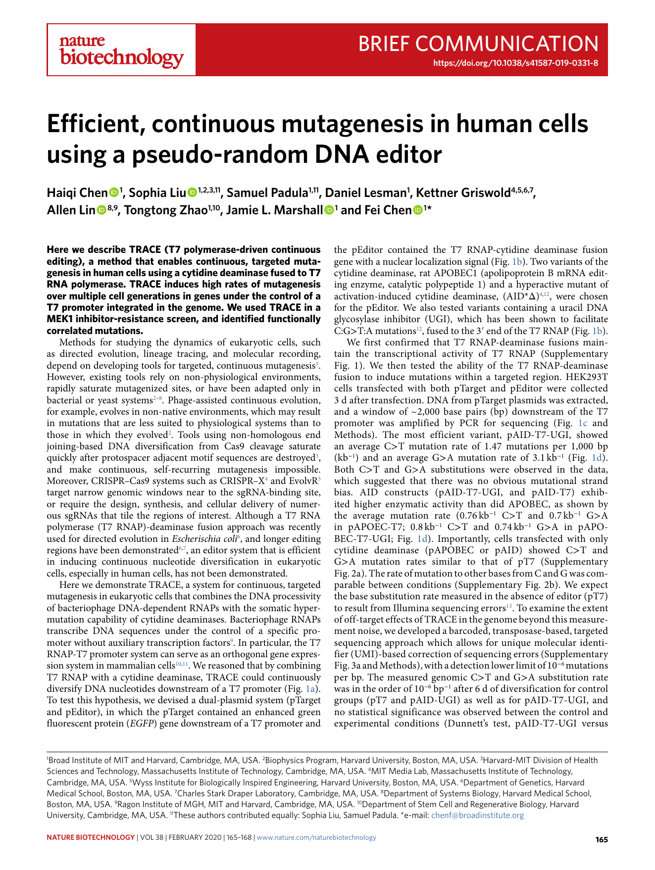 First page of Efficient, continuous mutagenesis in human cells using a pseudo-random DNA editor