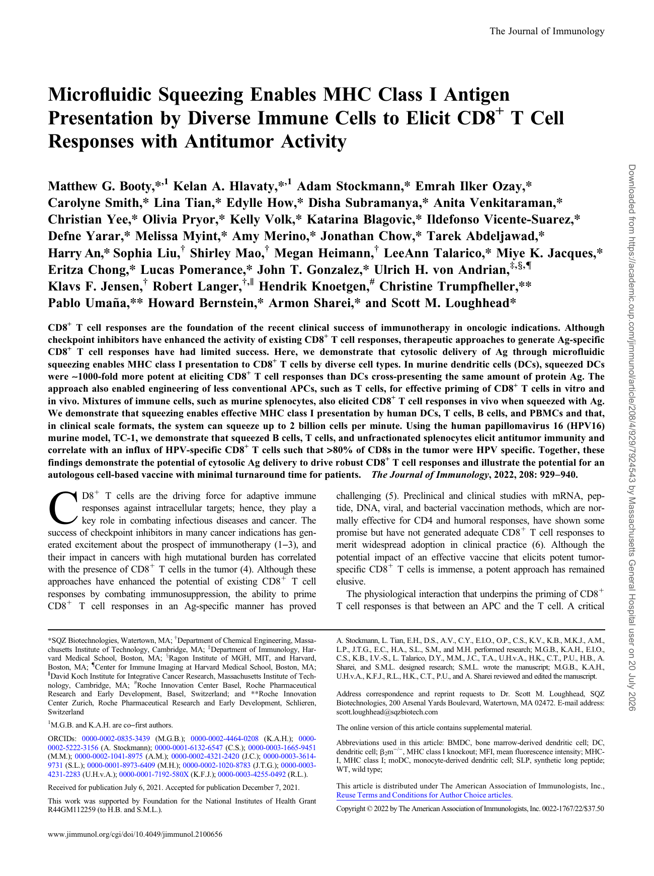 First page of Microfluidic Squeezing Enables MHC Class I Antigen Presentation by Diverse Immune Cells to Elicit CD8+ T Cell Responses with Antitumor Activity