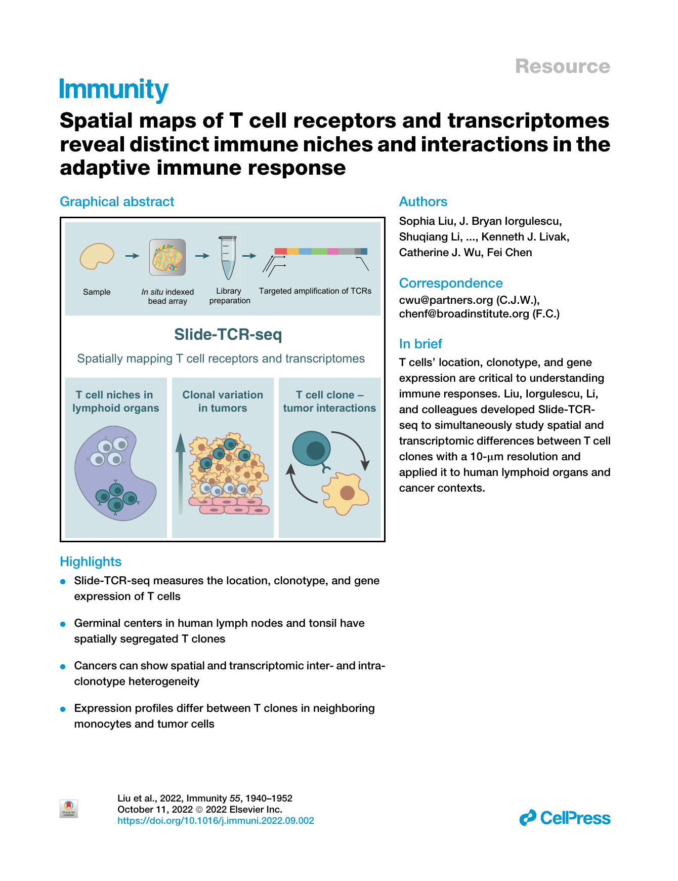 First page of Spatial maps of T cell receptors and transcriptomes reveal distinct immune niches and interactions in the adaptive immune response