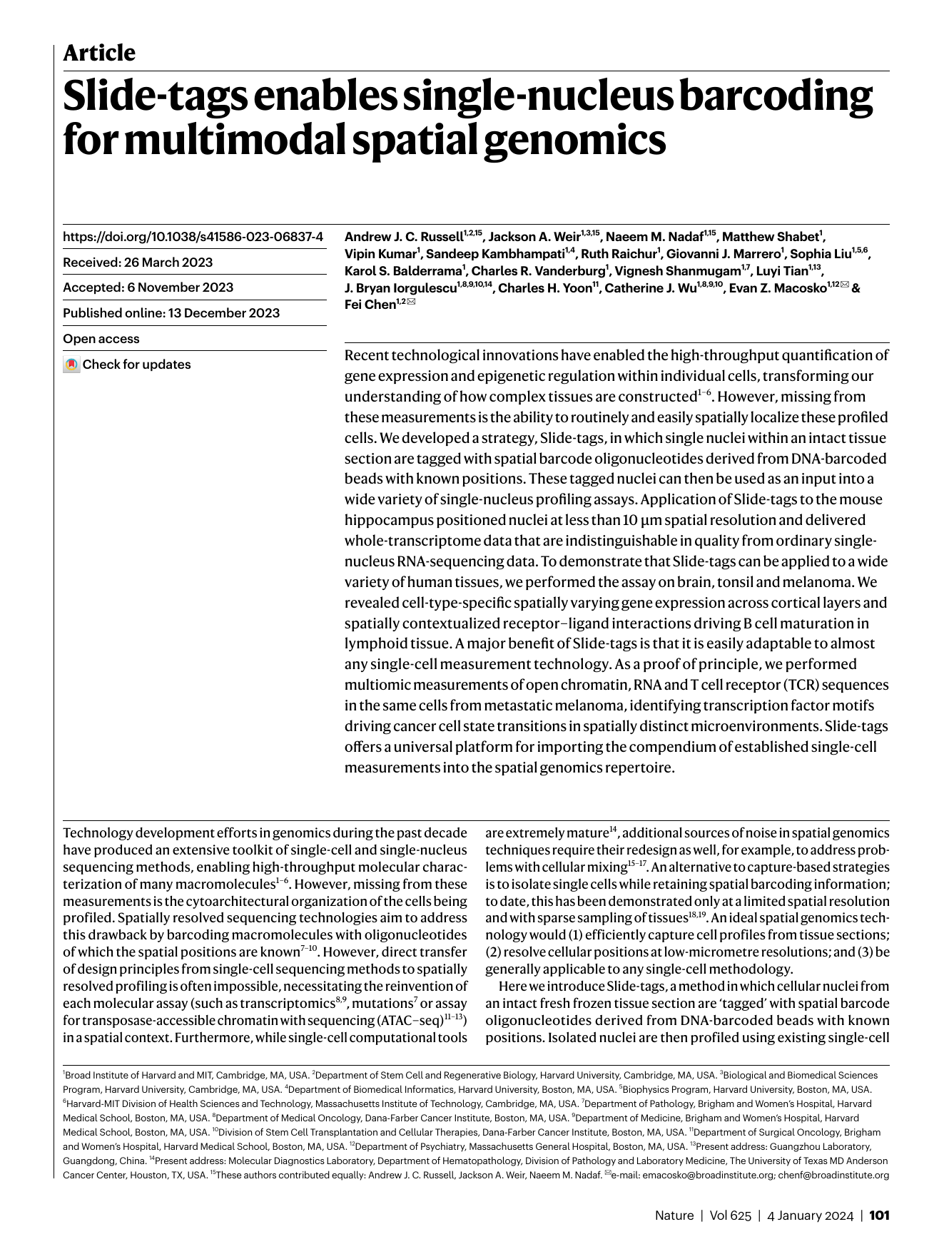 First page of Slide-tags enables single-nucleus barcoding for multimodal spatial genomics
