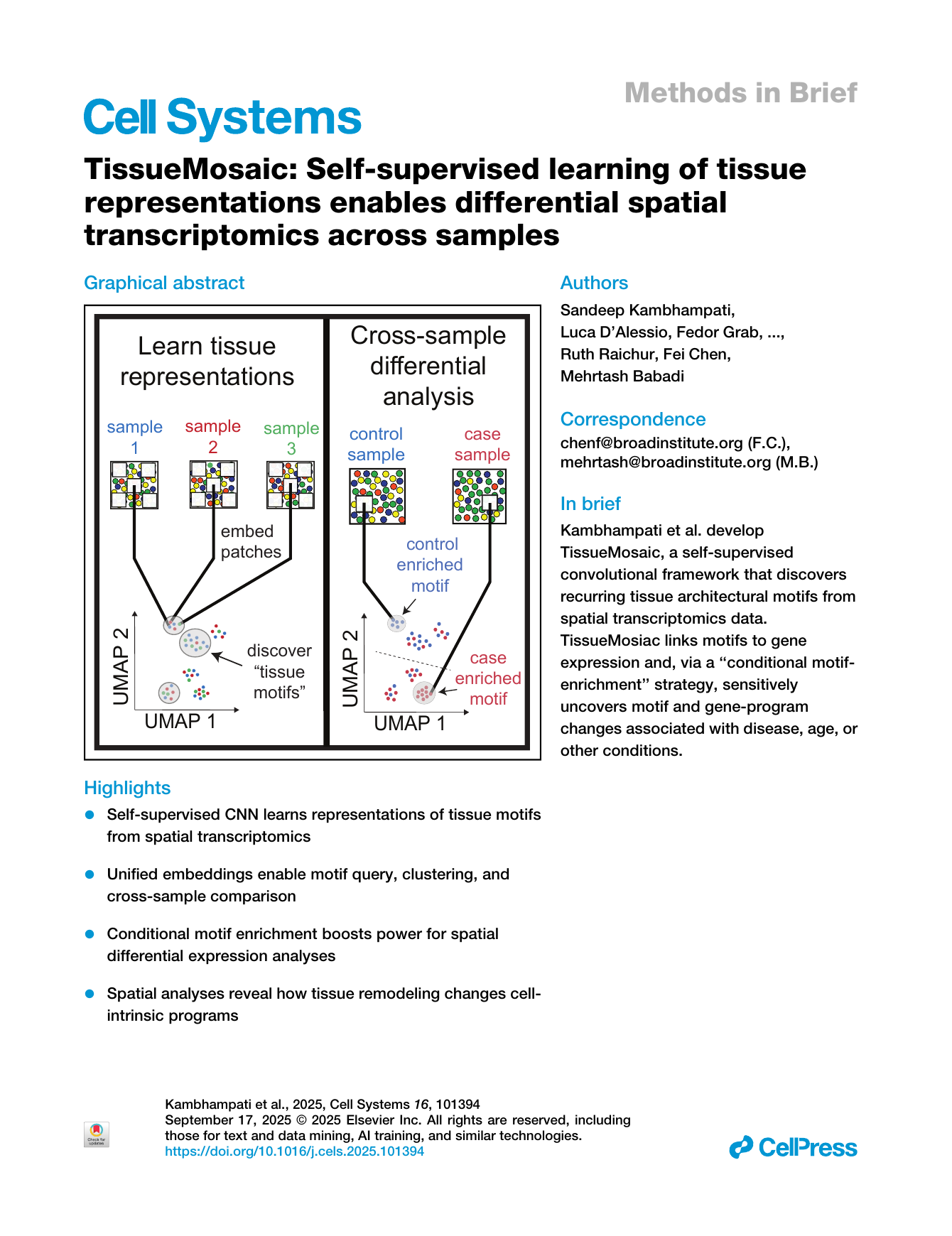 First page of TissueMosaic: Self-supervised learning of tissue representations enables differential spatial transcriptomics across samples