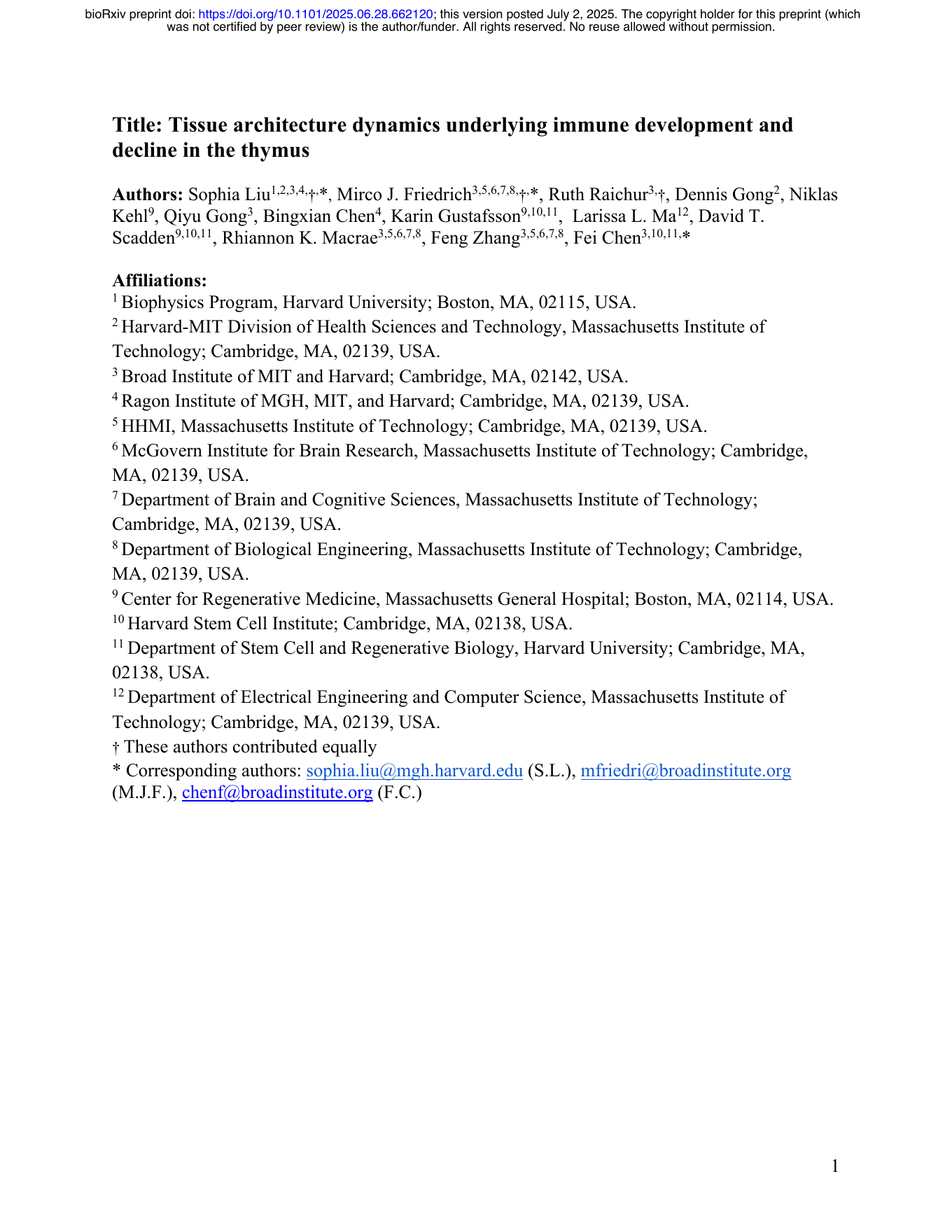 First page of Tissue architecture dynamics underlying immune development and decline in the thymus