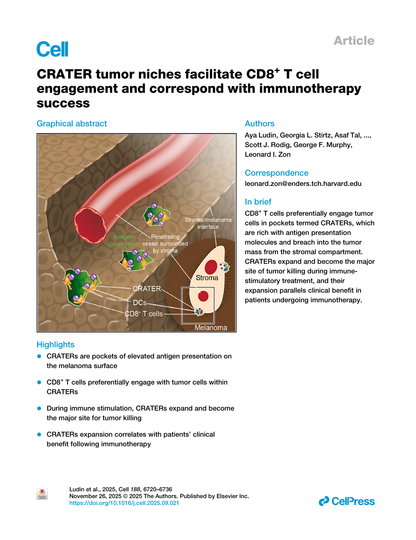 First page of CRATER tumor niches facilitate CD8(+) T cell engagement and correspond with immunotherapy success