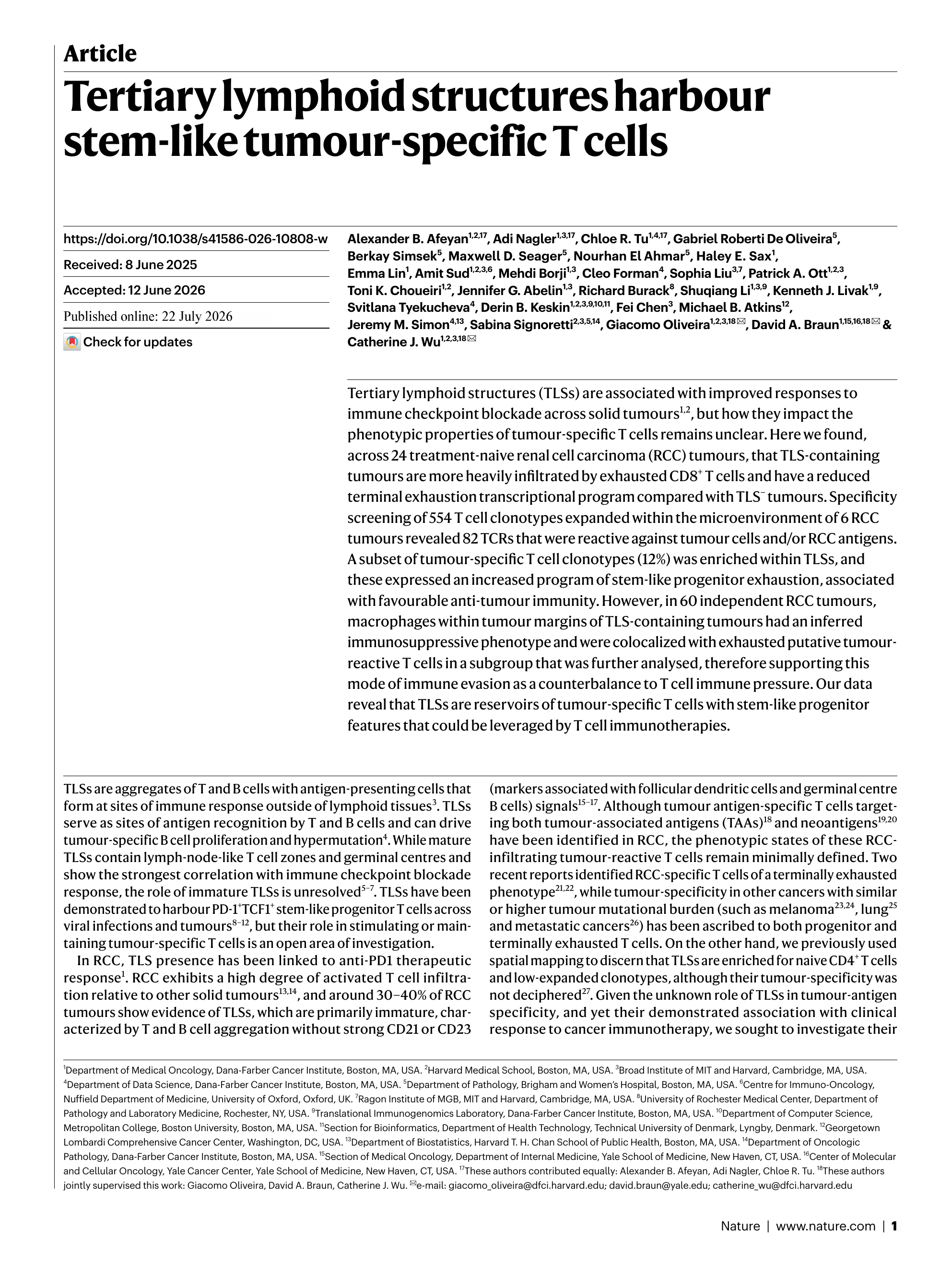 First page of Tertiary lymphoid structures harbour stem-like tumour-specific T cells