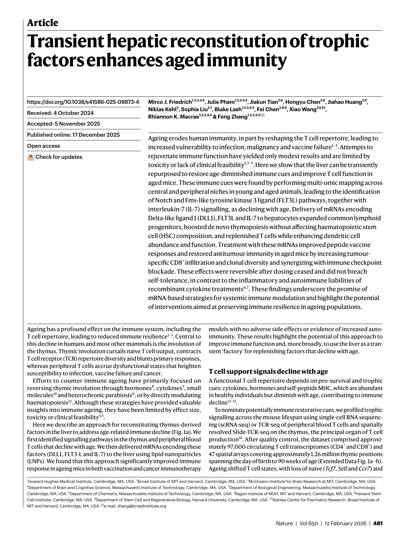 First page of Transient hepatic reconstitution of trophic factors enhances aged immunity