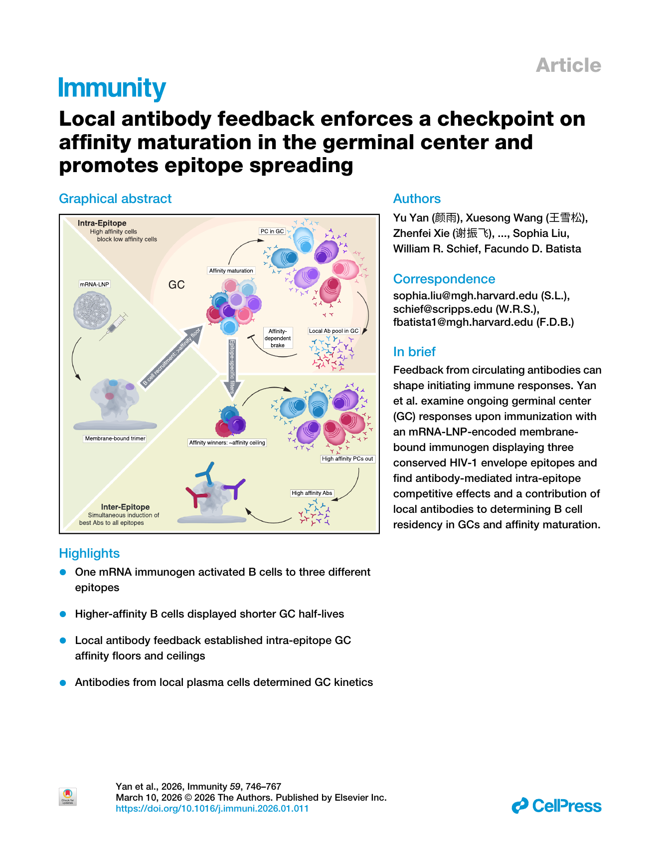 First page of Local antibody feedback enforces a checkpoint on affinity maturation in the germinal center and promotes epitope spreading